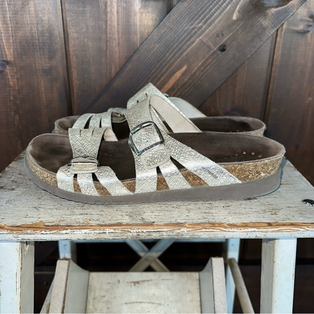 Women's 10 sz 40 MEPHISTO Helisa Metallic Silver Sandals Slide Adjustable Straps